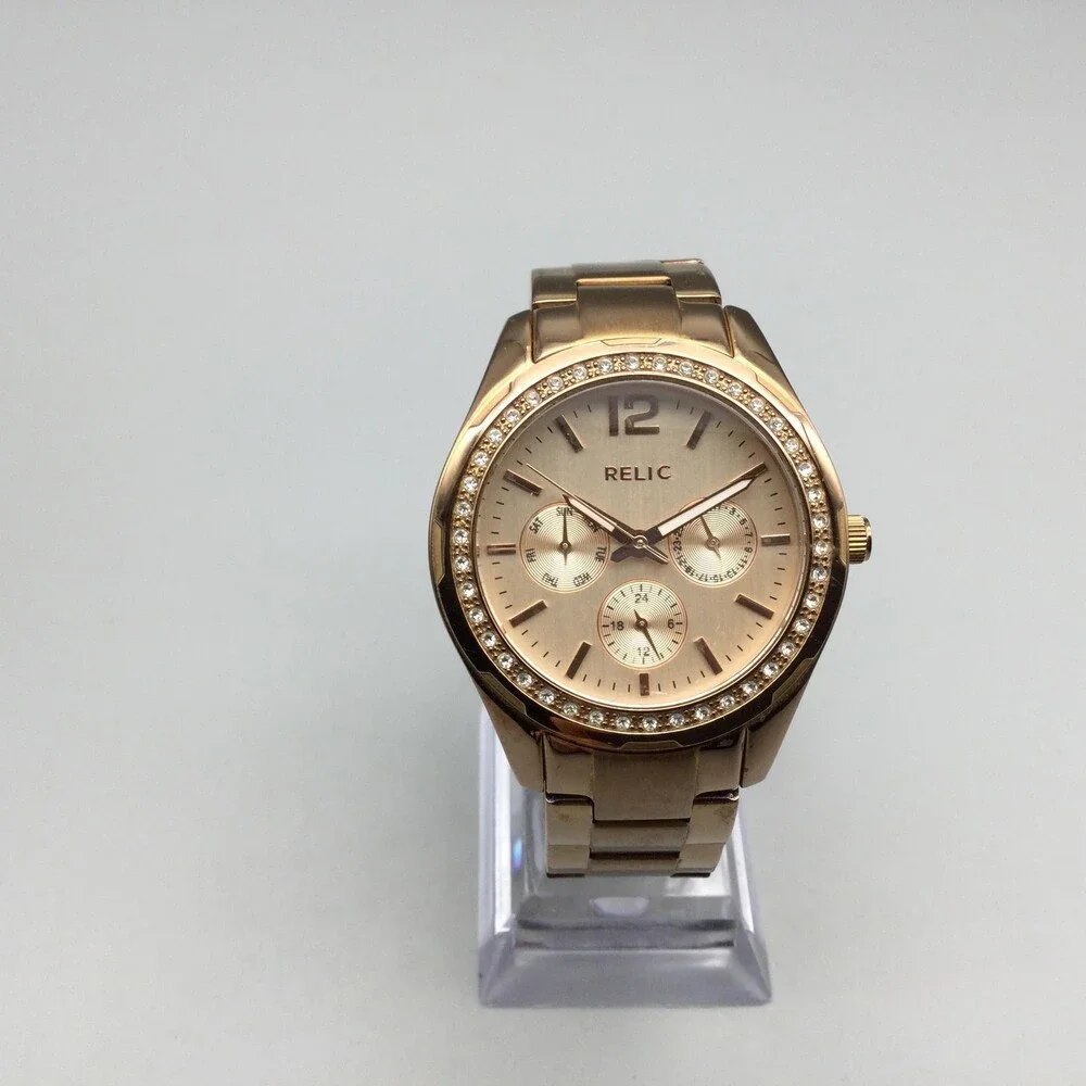Relic Womens 37mm Gold Tone Watch Crystals Day Date Stainless New Battery 6.5
